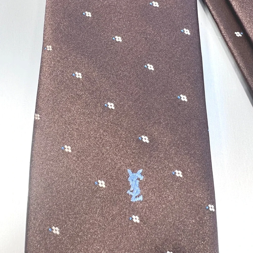 Yves Saint Laurent Mens Silk Tie Brown Floral Monogram Logo Necktie vintage YSL